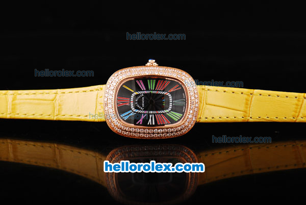 Franck Muller Galet Quartz Movement RG Case with Black Dial and Diamond Bezel-Yellow Leather Strap - Click Image to Close